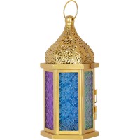 13" Ramadan Lantern, Vintage Gold Metal Candle Lanterns with Glass