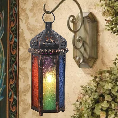 Candle Lanterns Decorative Indoor & Outdoor, 14.4'' Vintage Moroccan Hanging Lantern with 6 Colors Glass