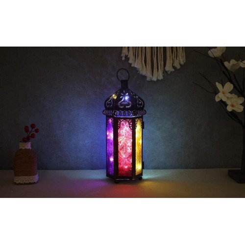 Vintage Moroccan Hanging Lantern with 6 Colors Glass, Metal Candle Holder for Home Front Porch Patio Decor