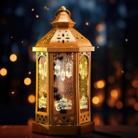 Large Ramadan Candle Lantern 11'' LED Eid Mubarak Lantern Decorative Moon Star Ramadan Lights LED Vintage Metal Hanging Lantern Holder