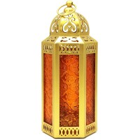 Decorative Candle Lantern Holder for Home Patio Outdoor Decor. Amber Glass, Medium