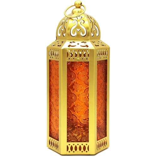 Decorative Candle Lantern Holder for Home Patio Outdoor Decor. Amber Glass, Medium